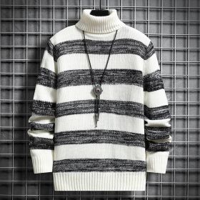 High-neck Men's Autumn And Winter Long-sleeved Trendy Slim Striped Sweater (Option: White-M)