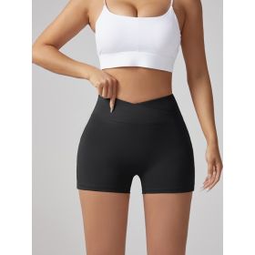 V-waist Stretch Yoga Workwear, Pocket Button Tight Pants, Women's Peach Hip Running And Fitness Shorts (Option: Black-S)